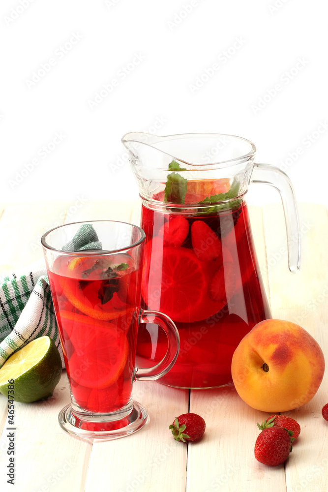 sangria in jar and glass with fruits, sangria in jar and glass with fruits,
