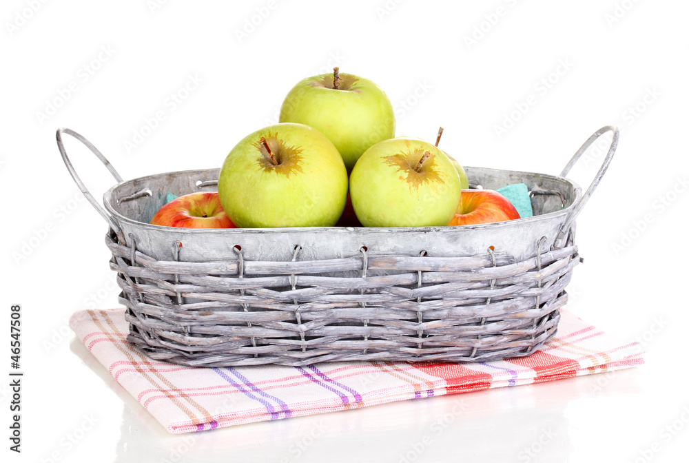 Ripe apples in basket isolated on white Ripe apples in basket isolated on white