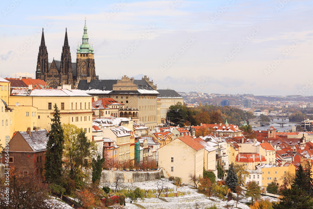 Romantic Snowy colorful autumn Prague gothic Castle, Czech