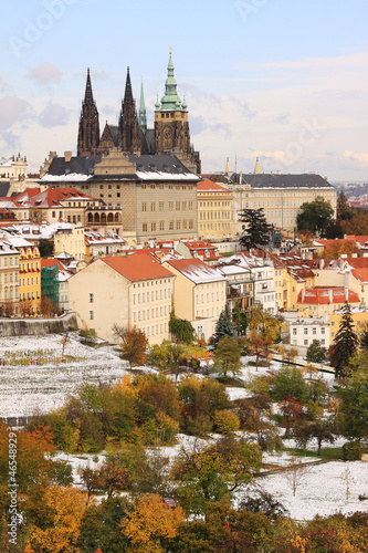 Romantic Snowy colorful autumn Prague gothic Castle, Czech