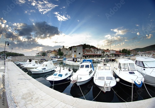 Old harbor or marina and stone houses, Croatia Dalmatia
