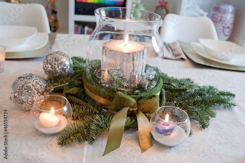 christmas decorations, candle and christmas balls photo