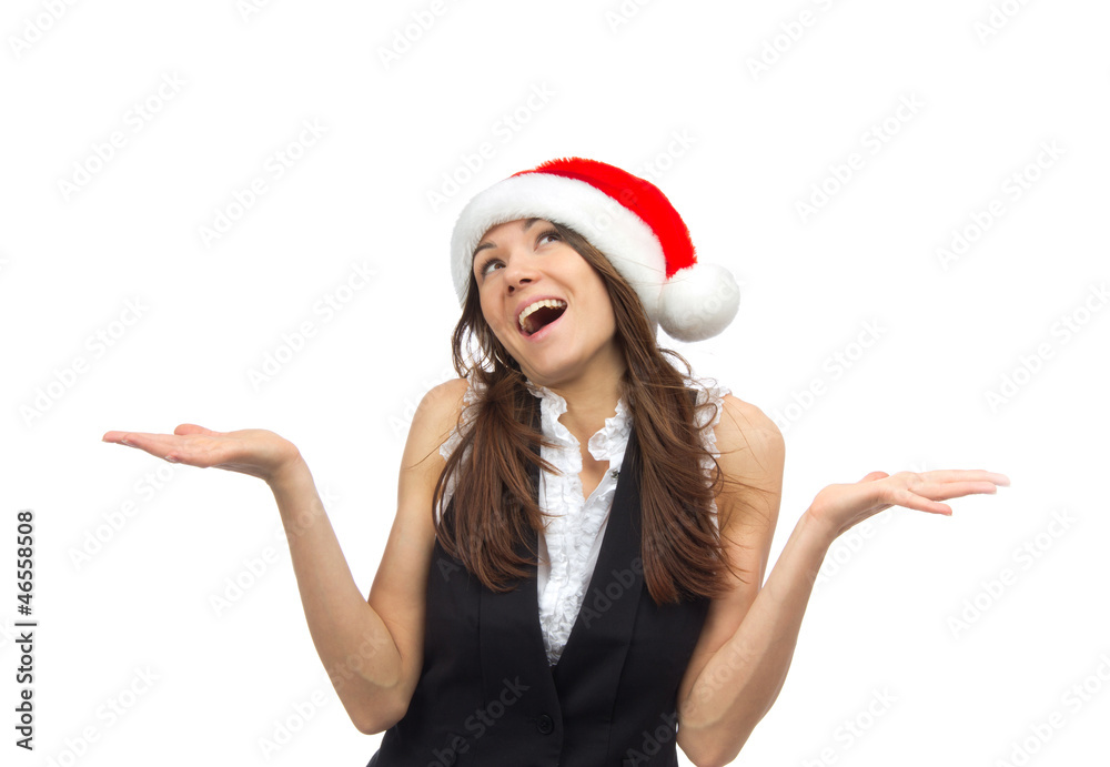 woman in santa claus hat with hands christmas ball ornament happ woman in santa claus hat with hands christmas ball ornament happ