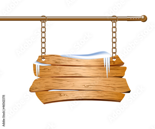 Wooden sign suspended on chains