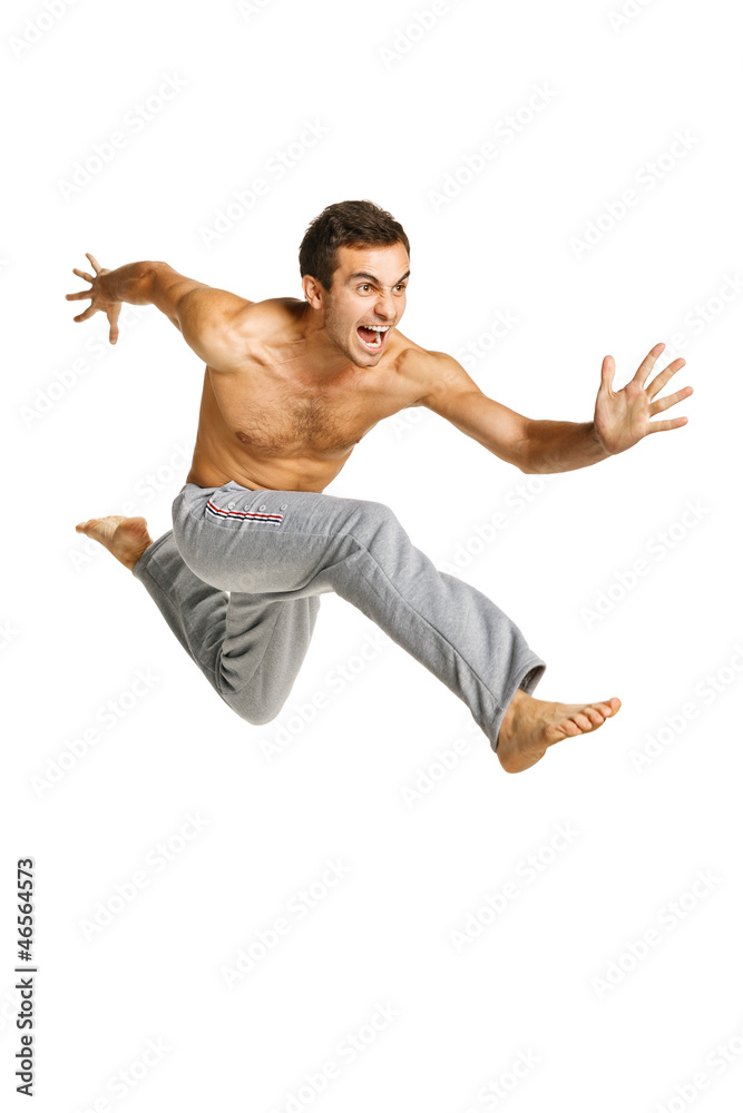 Full length of a male flying against white background Full length of a male flying against white background