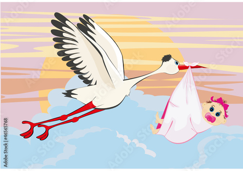 A cartoon illustration of a stork delivering a newborn baby girl