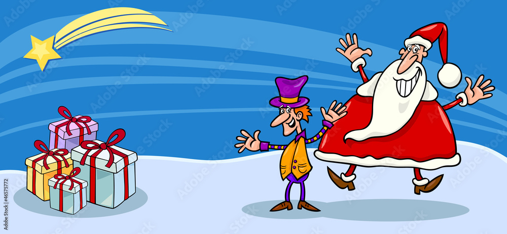 Santa and cristmas elf cartoon card