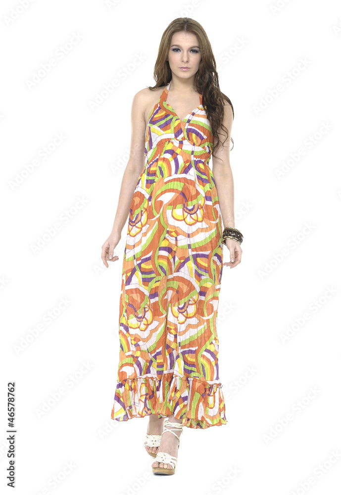 girl in abstract colored dress isolated on white girl in abstract colored dress isolated on white