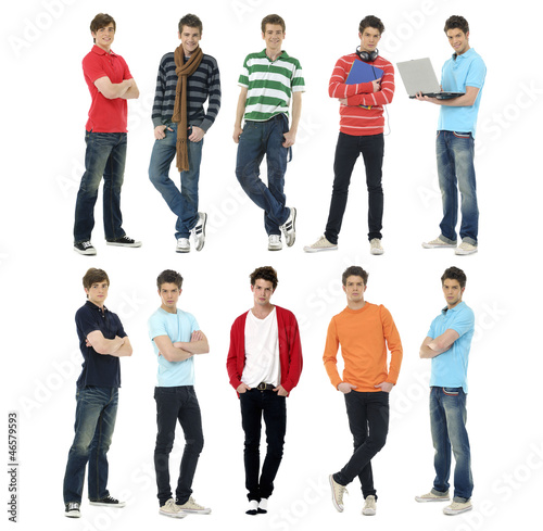 Collage of several stylish young standing in different poses
