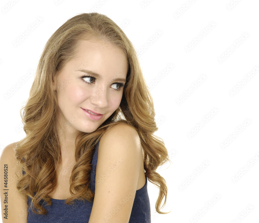portrait of pretty smiley woman with long curly hair portrait of pretty smiley woman with long curly hair