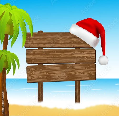 Bulletin board in the tropics with a hat santa claus