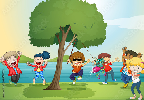 a river and kids
