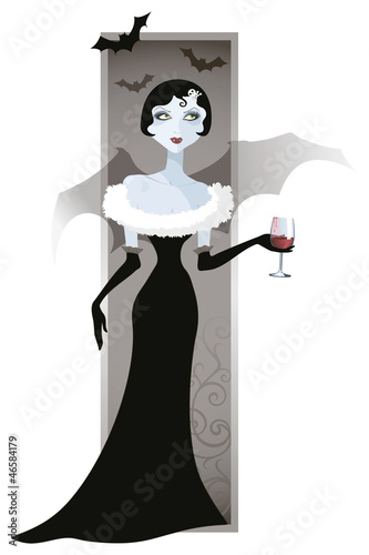 Vector image of a girl vampire with a glass