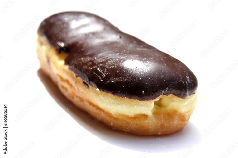 Chocolate cream filled donut on white background. Chocolate cream filled donut on white background.