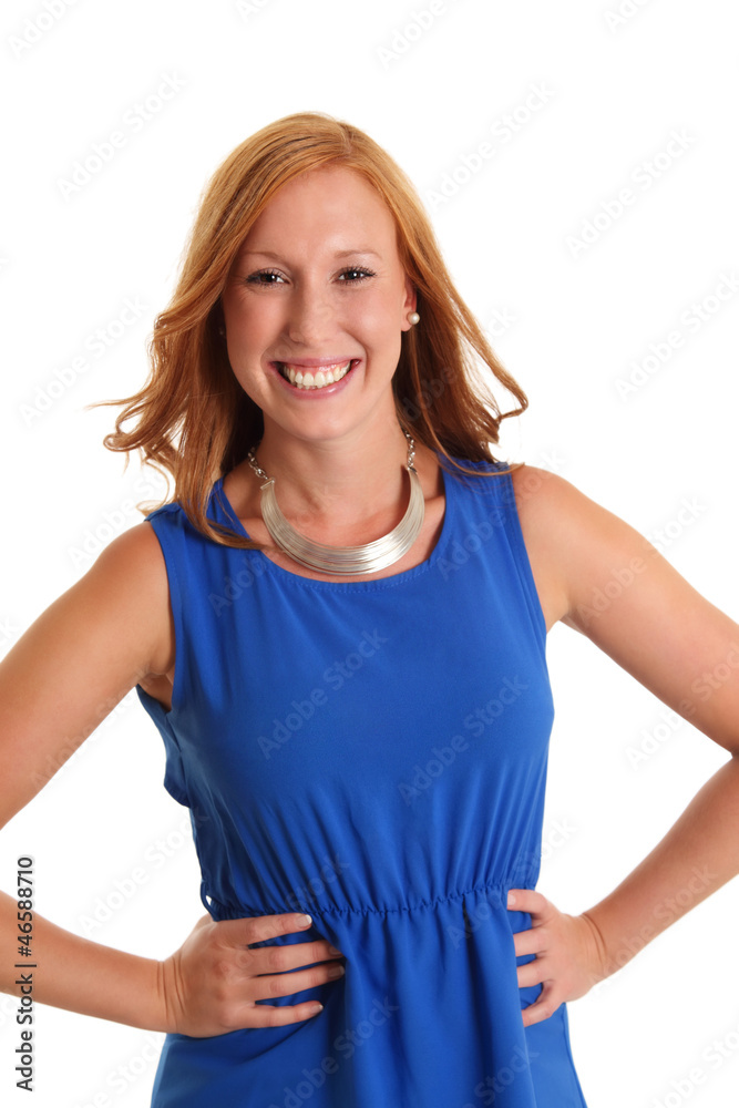Happy woman in a blue dress Happy woman in a blue dress
