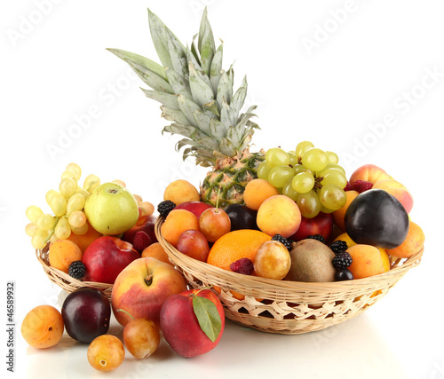 Still life of fruit in basket isolated on white