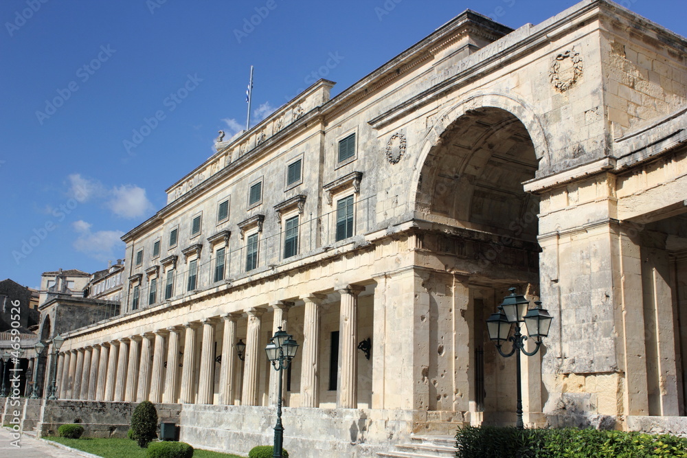 Palace of St Michael and St George classic Greek architecture in Corfu with columns and pillars