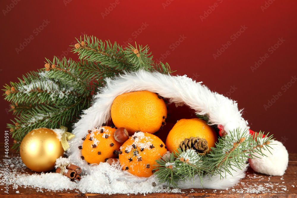 christmas composition with oranges and fir tree in Santa Claus christmas composition with oranges and fir tree in Santa Claus