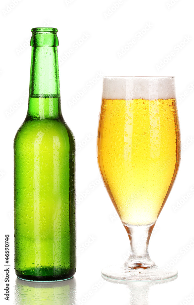 Bottle and glass of beer isolated on white