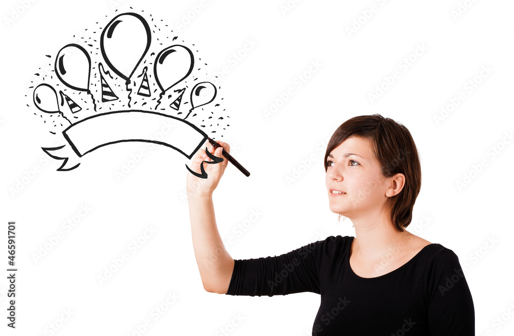 Young girl drawing a party label on whiteboard Young girl drawing a party label on whiteboard