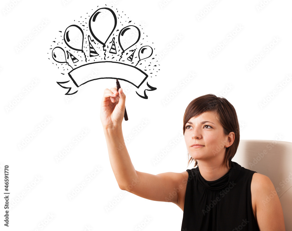Young girl drawing a party label on whiteboard