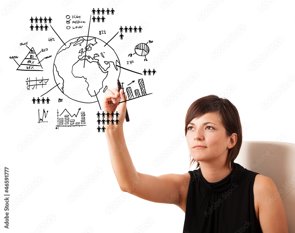Young woman drawing globe with diagrams isolated on white Young woman drawing globe with diagrams isolated on white