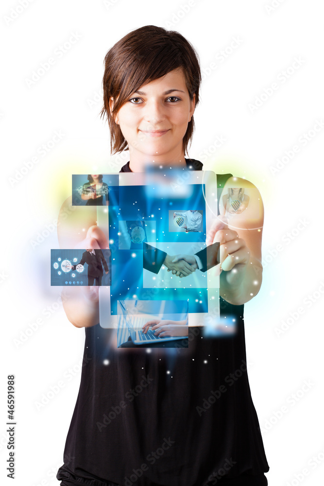 Young woman browsing pictures on modern tablet Young woman browsing pictures on modern tablet