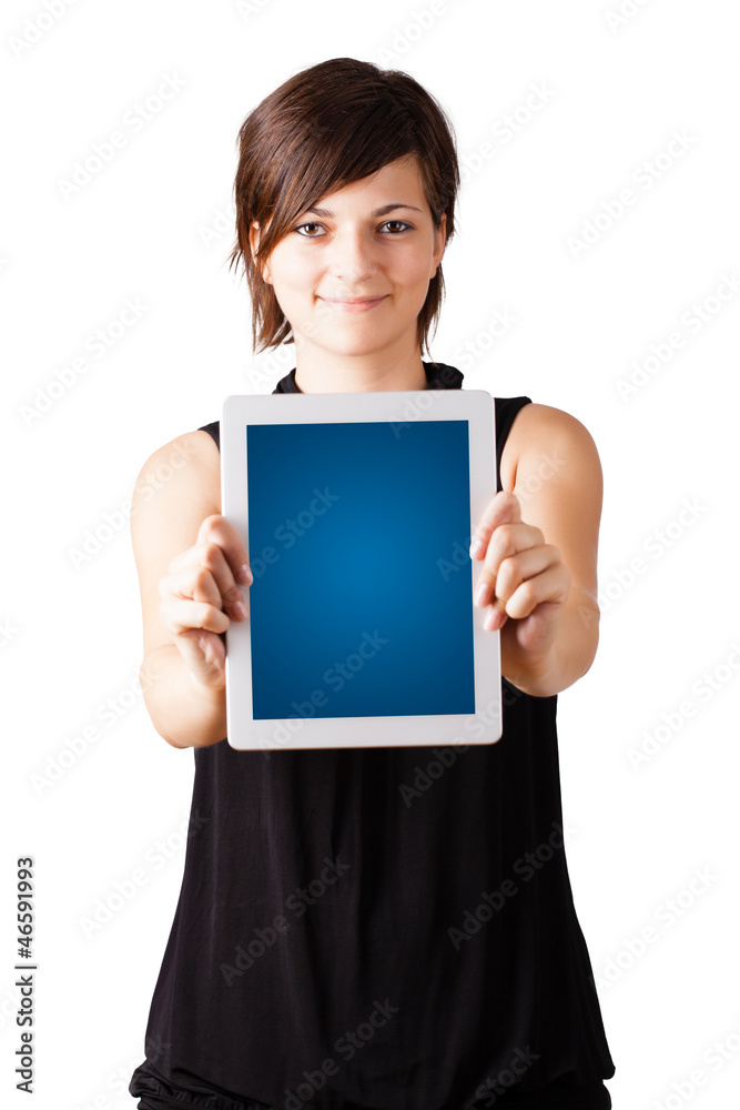 Young woman looking at modern tablet Young woman looking at modern tablet