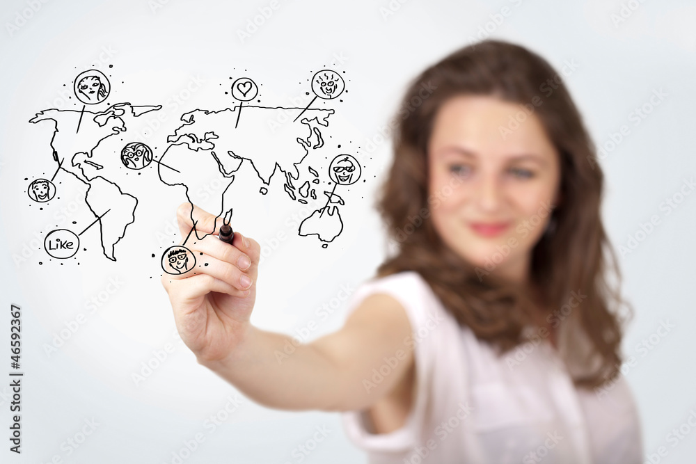 Young woman drawing a social map on whiteboard Young woman drawing a social map on whiteboard