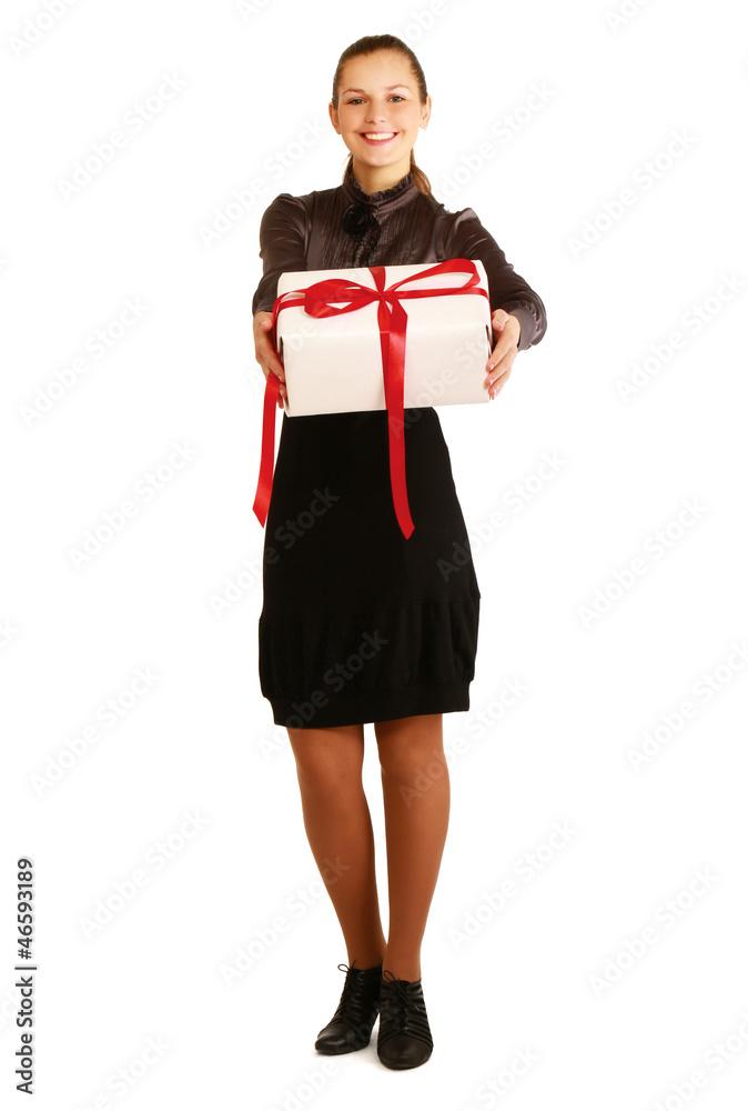 Woman holding gift box isolated on white background Woman holding gift box isolated on white background