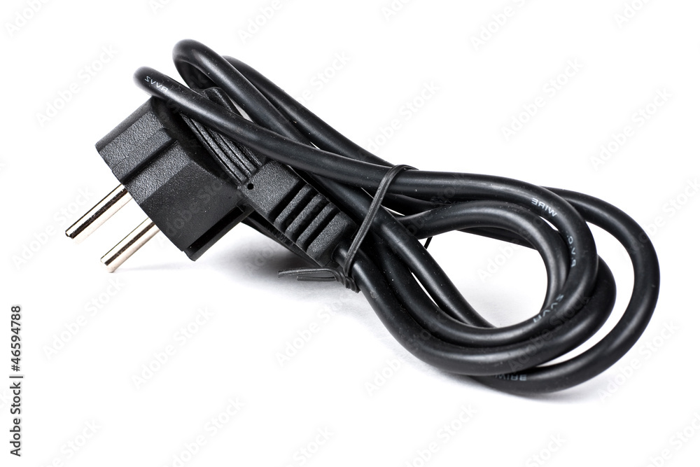 Black power cable with plug and socket isolated on white Black power cable with plug and socket isolated on white