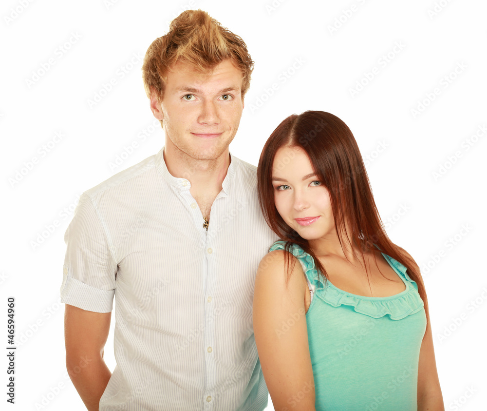 A loving young couple isolated on white background