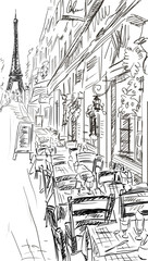 Fototapete Abbildung Paris Belebte Pariser Strasse im Zeichenstil  © ZoomTeam