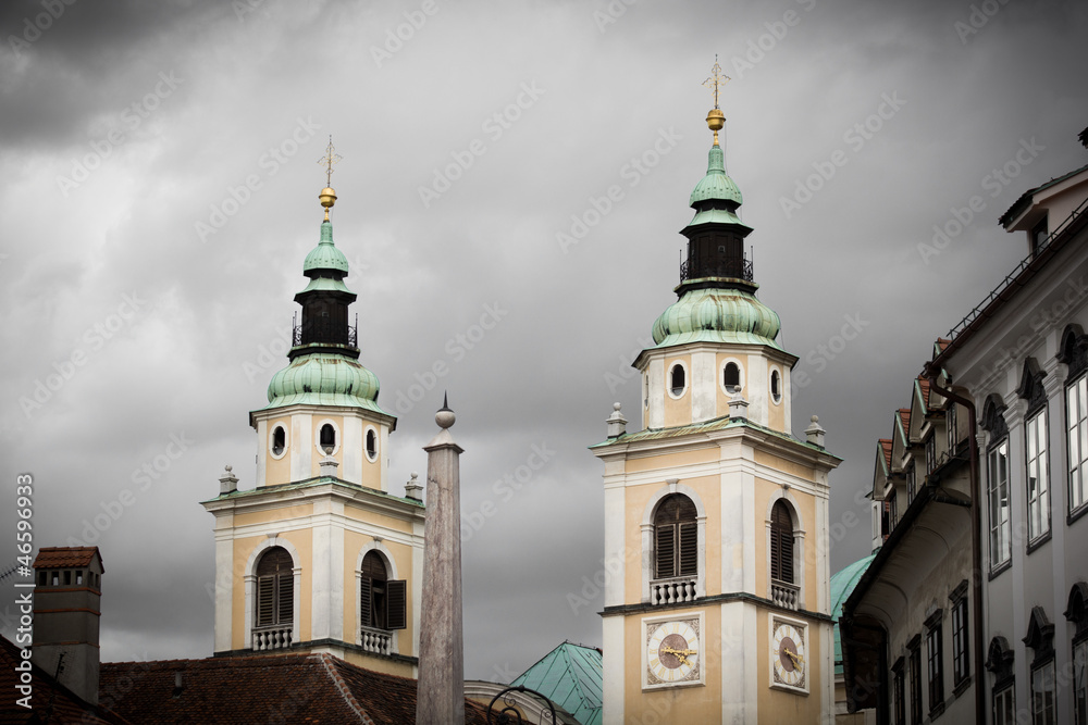 Twin towers of Ljubljana Cathedral, Slovenia.