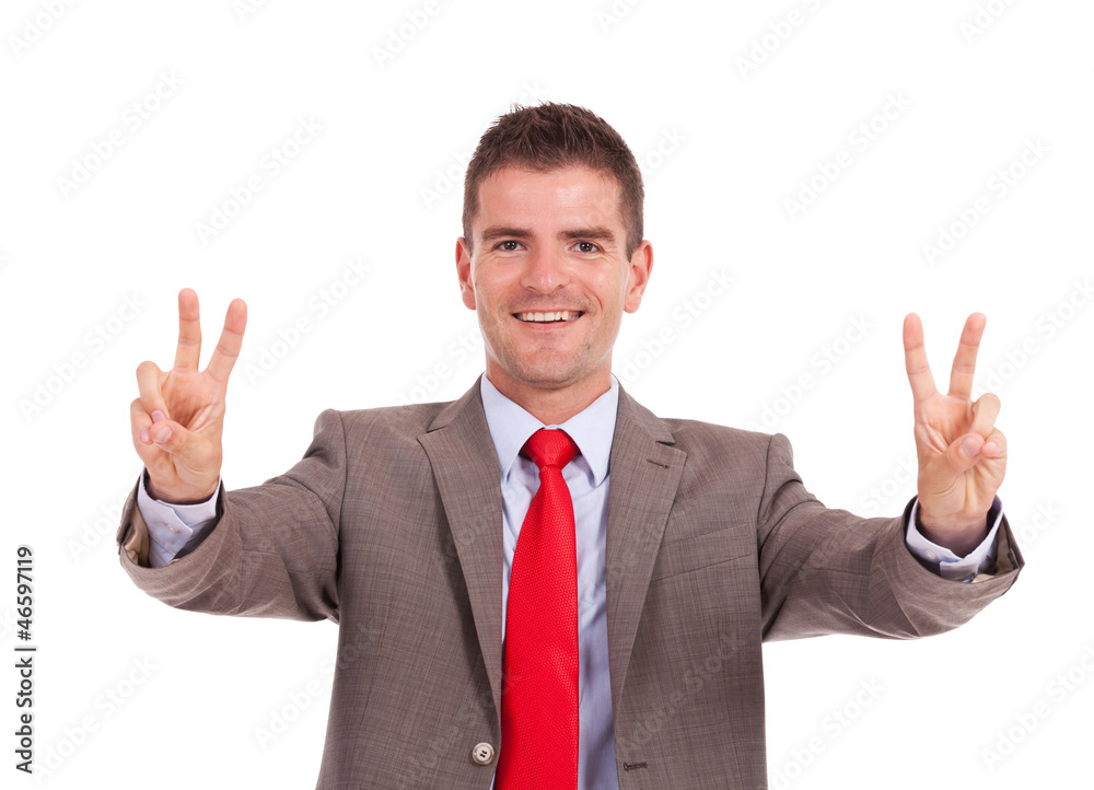 business man showing victory gesture business man showing victory gesture
