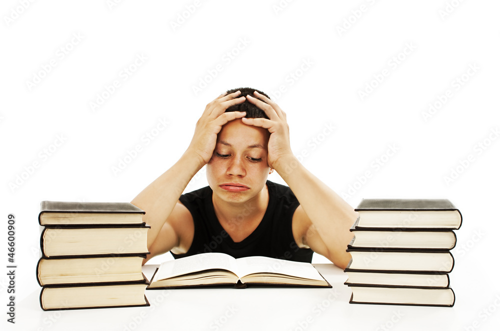 Angry student with learning difficulties on white background Angry student with learning difficulties on white background