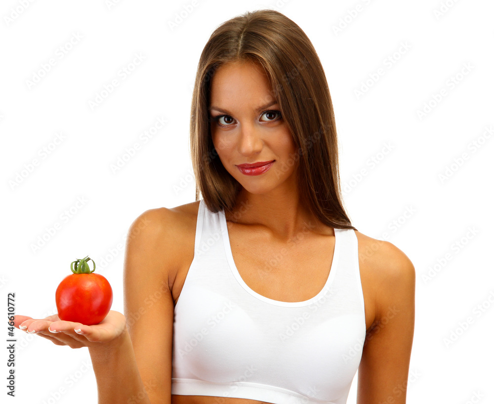 beautiful young woman with tomato, isolated on white beautiful young woman with tomato, isolated on white