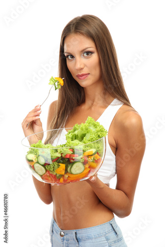 beautiful young woman with salad, isolated on white