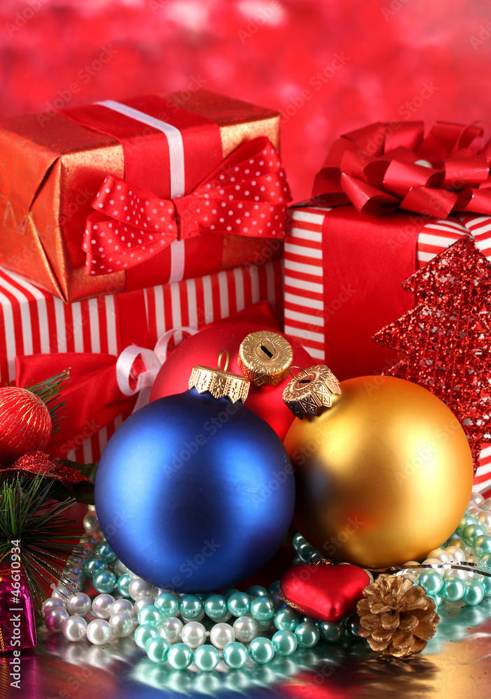 Christmas decoration and gift boxes on golden background Christmas decoration and gift boxes on golden background