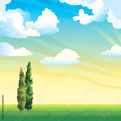 Summer landscape with clouds and cyoress