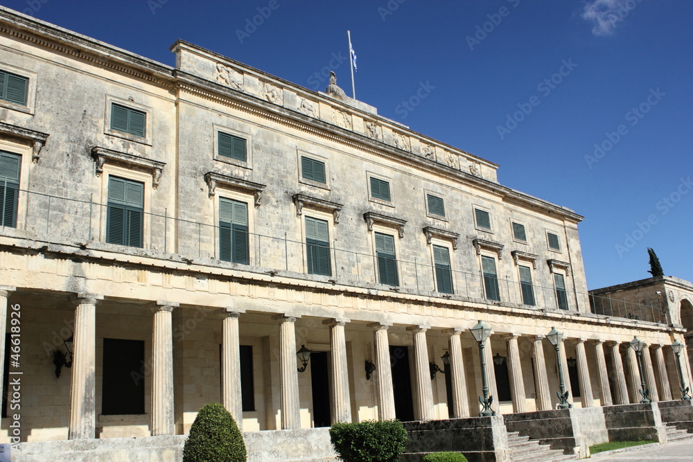 Fototapeta premium Palace of St Michael and St George classic Greek architecture in Corfu with columns and pillars 