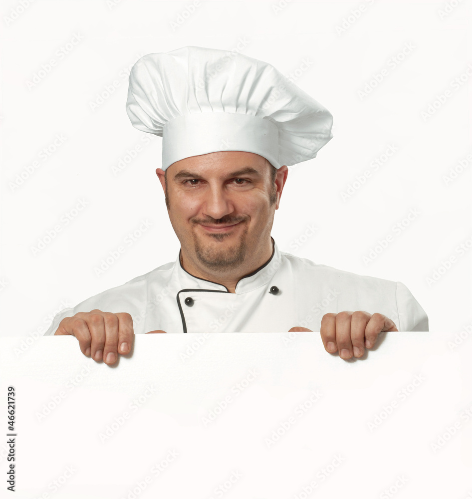 Cocinero chef sujetando un panel blanco,retrato de un cocinero. Cocinero chef sujetando un panel blanco,retrato de un cocinero.