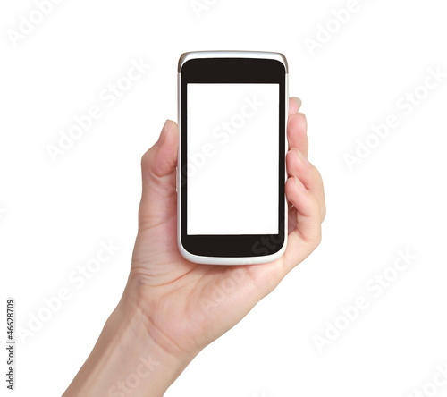 Woman hand holding blank mobile phone tablet touch computer gadg