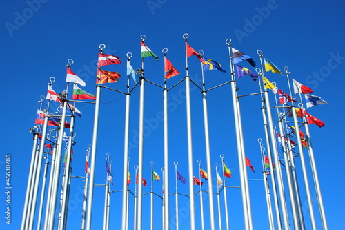 Flags of European countries against the blue sky