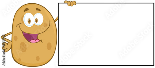 Potato Cartoon Mascot Character Holding A Blank Sign