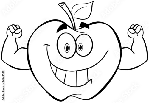 Outlined Apple Cartoon Mascot Character With Muscle Arms