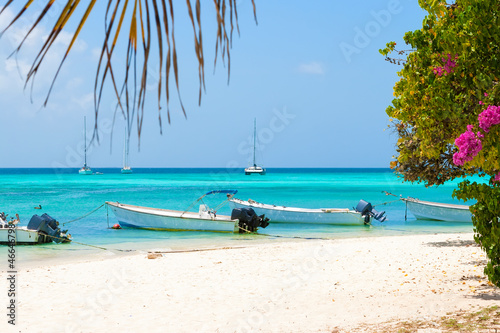 Quadro su tela Tropical beach with boats, Venezuela