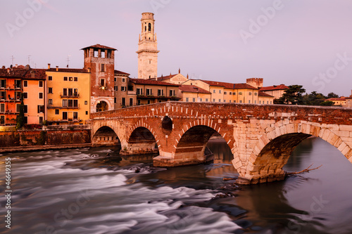 View of Adige River and Saint Peter Bridge in Verona, Veneto, It