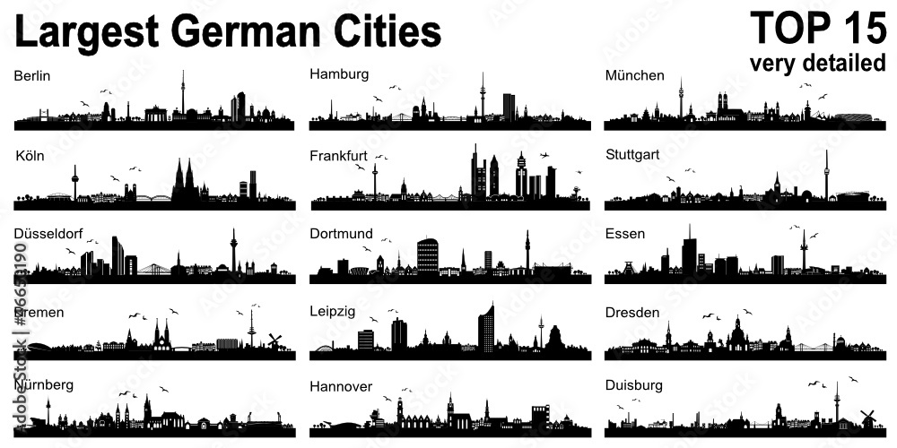 Set Skylines - 15 largest german cities - obrazy, fototapety, plakaty 