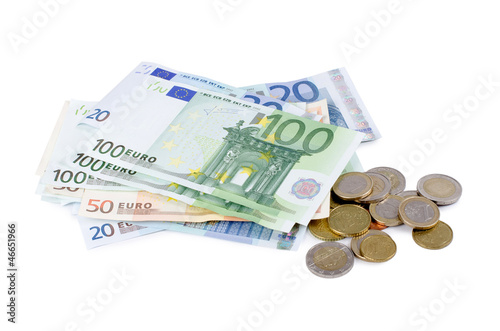 Various Euro currency bills and coins